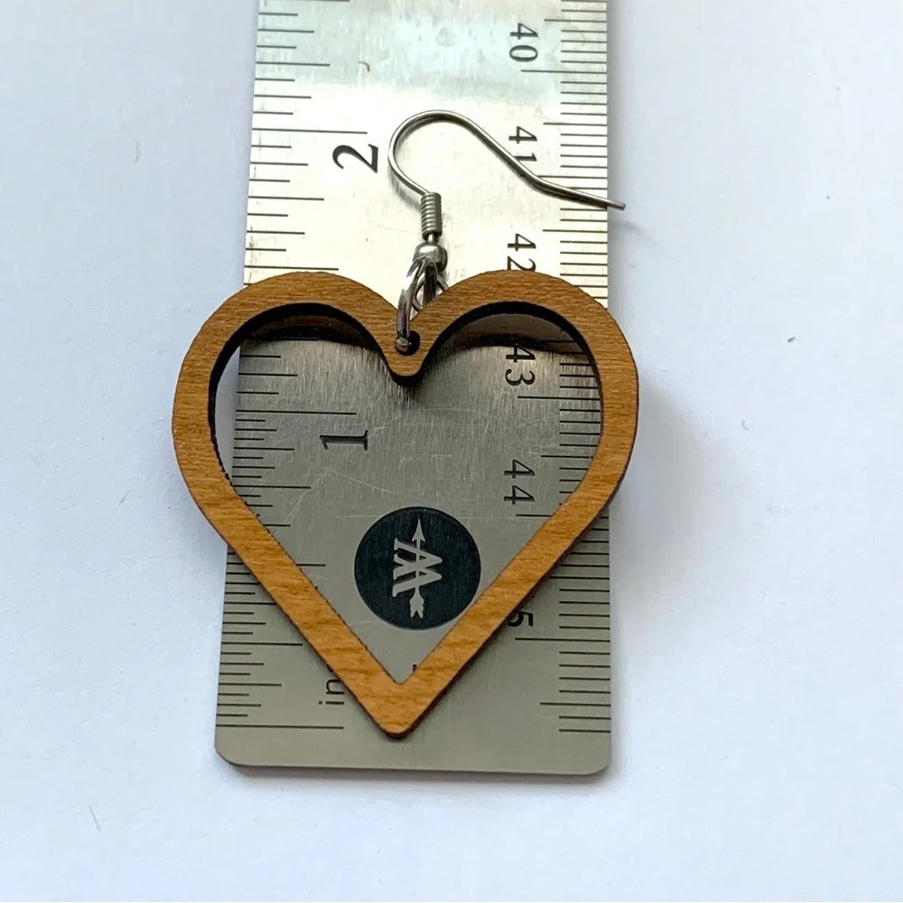 Brown Wood Earrings with Heart and Circle Designs
